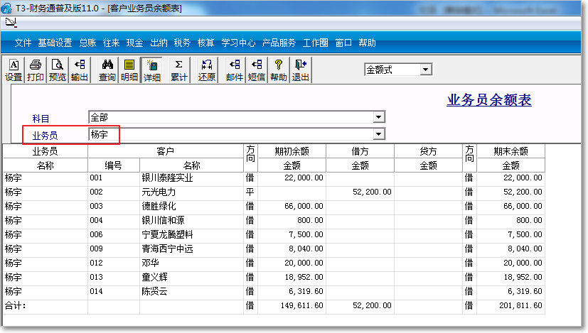 用友T3普及版業(yè)務(wù)員余額表